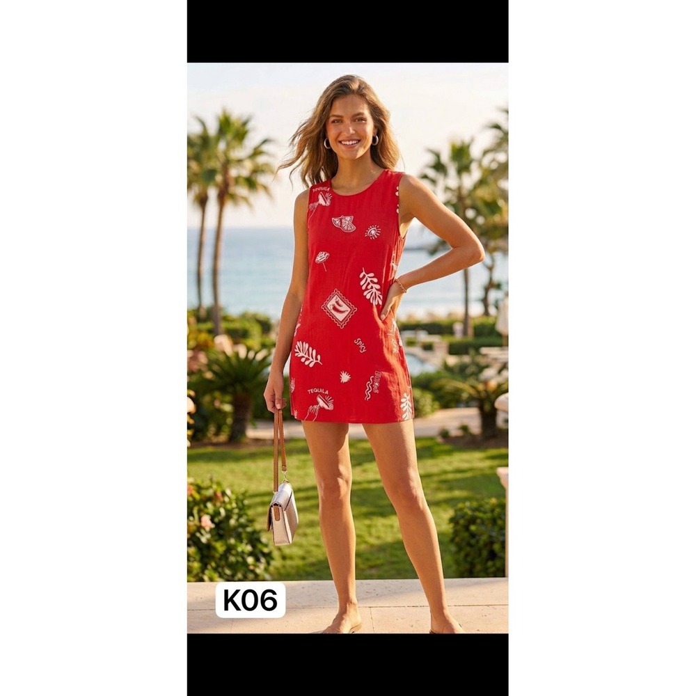Paper Heart Red Tequila Cocktail Print Linen Blend Shift Mini Dress Sz M Resort